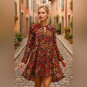 Floral Multi Swing Dress Tunic Top Boho Festival Brunch Autumn GUC 2XL #1598